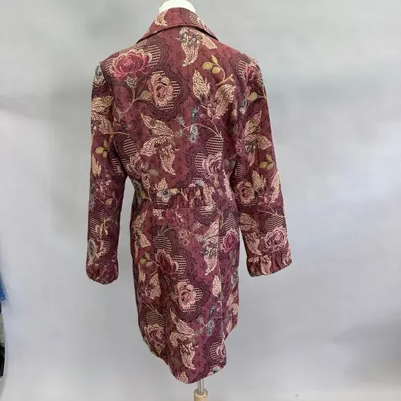 CAbi burgundy Jacobean burgundy floral jacquard tapestry long jacket Size 14